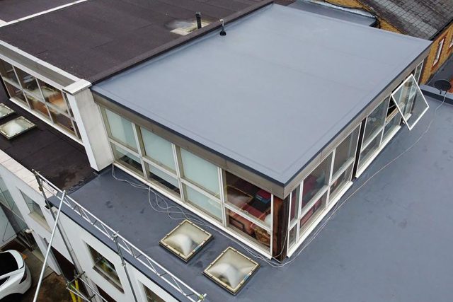 Newly refurbished flat roof on a commercial building in Chiswick using the IKO Armourplan system.