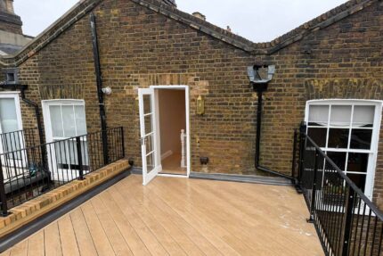 Portfolio showcase detailing a high-performance flat roof installation completed by our expert flat roofer london team on a premium commercial terrace in Knightsbridge.