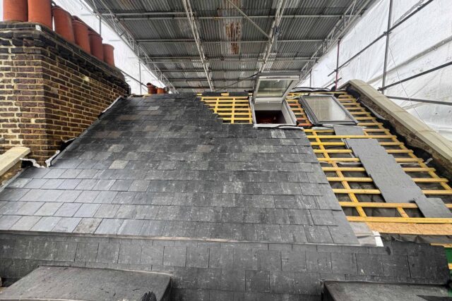 Rooftop terrace waterproofing, parapet wall detailing, and skylights installed in Notting Hill W11.