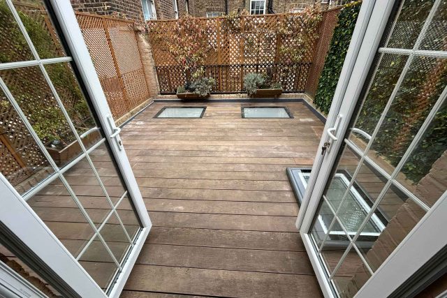 Comprehensive refurbishment of a roof garden terrace over a flat roof in Weybridge, Surrey.