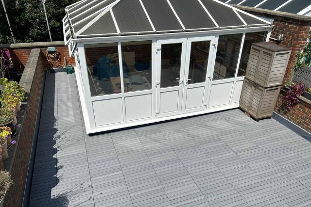 Rooftop garden terrace design and build project underway in Kingston, Surrey.