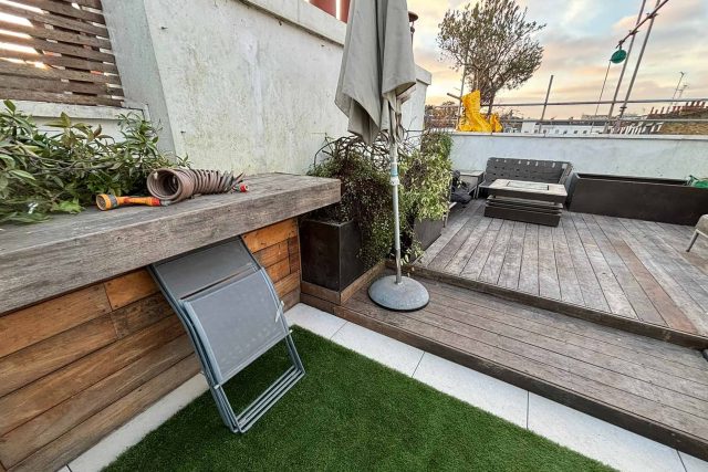 Complete refurbishment of a balcony roof garden underway in Pimlico, London.
