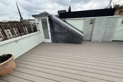 Completed serene rooftop terrace in Marylebone featuring low-maintenance millboard decking.