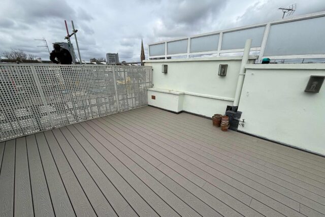 Rooftop terrace garden conversion and complete flat roof replacement in Marylebone, London.