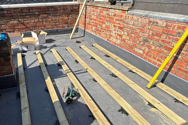 Modern roof terrace refurbishment over a newly replaced flat roof in Central London.