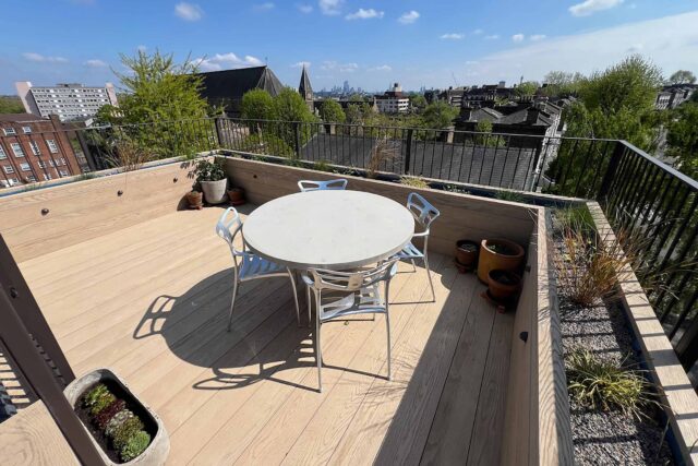 Contemporary roof terrace installation over a newly replaced flat roof in West Hampstead, London.