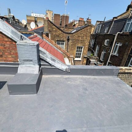 Commercial-grade liquid flat roof membrane installed on a London business premises, expertly applied by our specialist flat roofer london team to guarantee complete weatherproofing.