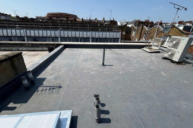 High-performance flat roofing system installation underway on a property in Chelsea, London.